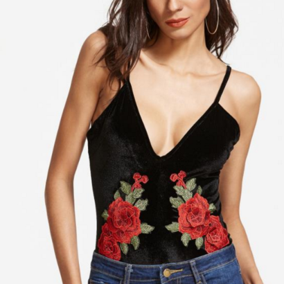 Sexy V Black Rose Embroidery Vest Type One Piece..