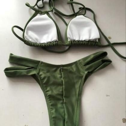 Solid Color Sexy Hollow Out Halter Bikini Swimsuit..