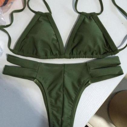Solid Color Sexy Hollow Out Halter Bikini Swimsuit..