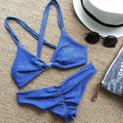 Pure Blue Swimsuit Three Straps Back Cross Two..