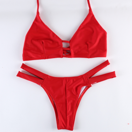 Pure Red Chest Hollow Bottom Side Open Two Piece..