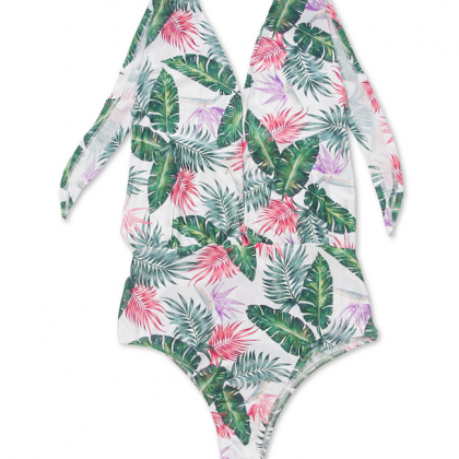 Fresh Deep V Green Leaf Print Halter Bikini One..