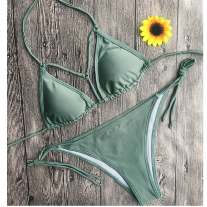 Sexy Pure Gray Green Four Knot Halter Show Body..