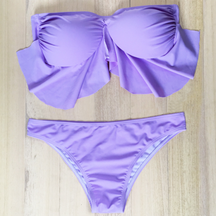 Sexy Pure Purple Lotus Strapless Two Piece Bikini..