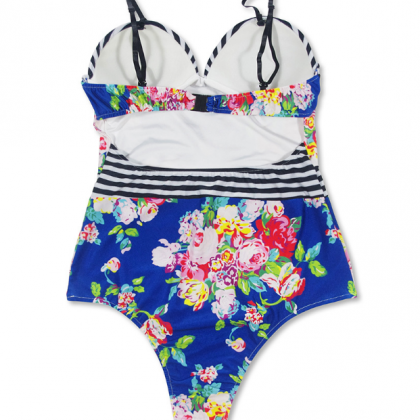 Fashion Sexy Blue Colorful Floral Print One Piece..
