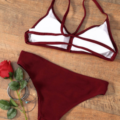 The Fashion Pure Wine Red Color Straps Two Piece..