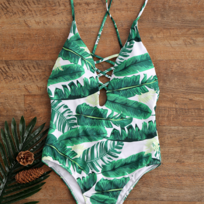 White Green Leaf Print Chest Cross Hollow One..