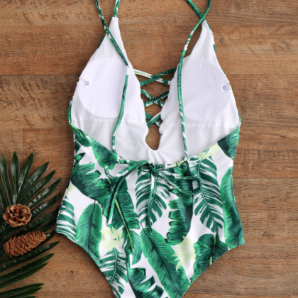 White Green Leaf Print Chest Cross Hollow One..