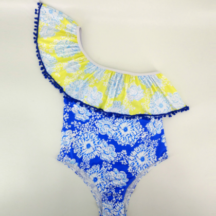 Yellow Blue Print One Shoulder Lotus One Piece..