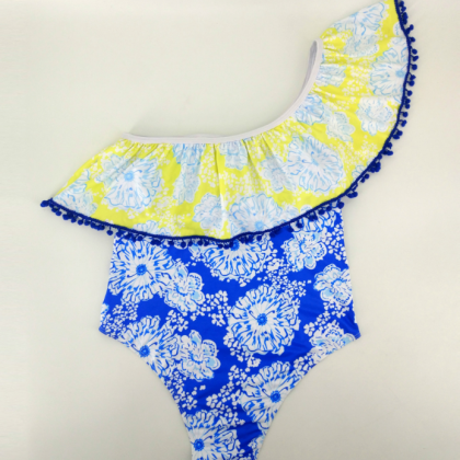 Yellow Blue Print One Shoulder Lotus One Piece..