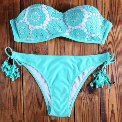 Sexy Green Strapless With White Lace Two Piece..