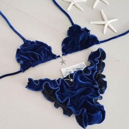 Pure Color Blue Fashion Halter Back Knot Pleated..