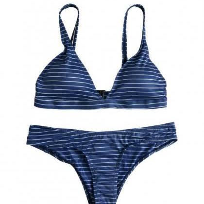 Fashion Navy Blue Stripe Two Piece Bikini