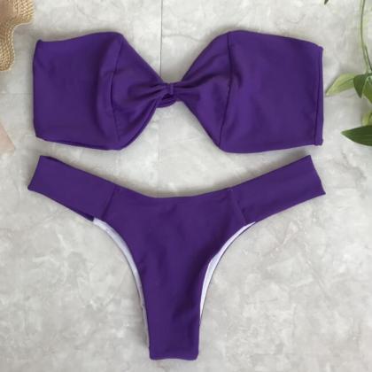 Pure Purple Bow Knot Strapless Two Piece Bikini