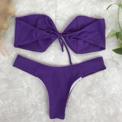 Pure Purple Bow Knot Strapless Two Piece Bikini