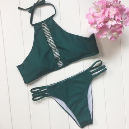 Pure Green Sexy High Neck Chest Hollow Halter..