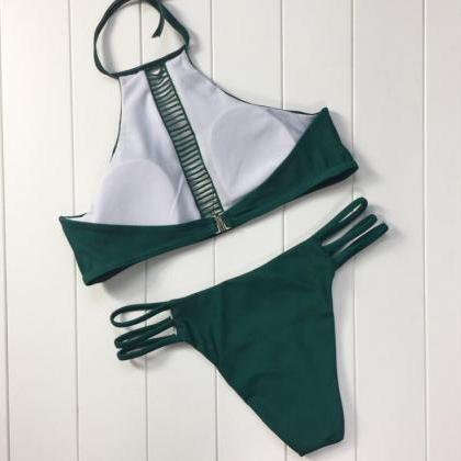 Pure Green Sexy High Neck Chest Hollow Halter..