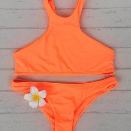 Solid Color Orange High Neck Two Piece Bikini Pure