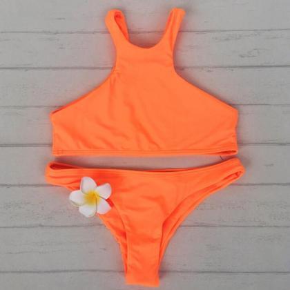 Solid Color Orange High Neck Two Piece Bikini Pure
