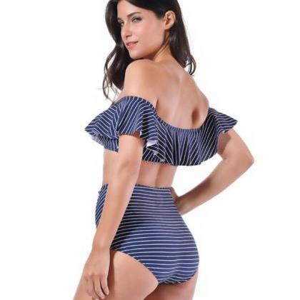 Sexy Navy Blue Stripe Off Shoulder Lotus Two Piece..