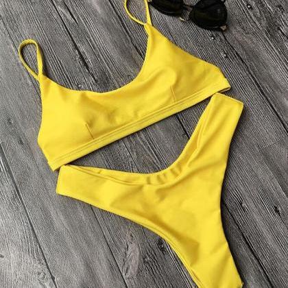 Pure Yellow Vest Type Two Piece Bikini Swimsuit