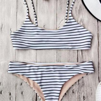 Two-piece Bikini With White And Black Stripes