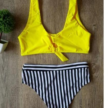 Two-piece Bikini With Bow Knot Top And Striped..