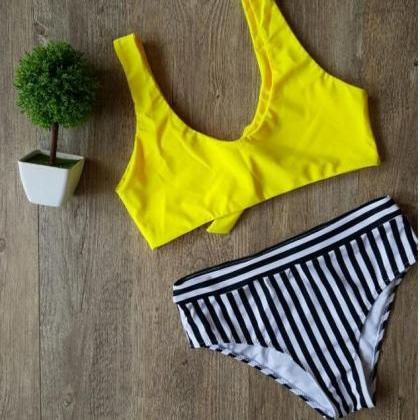 Two-piece Bikini With Bow Knot Top And Striped..