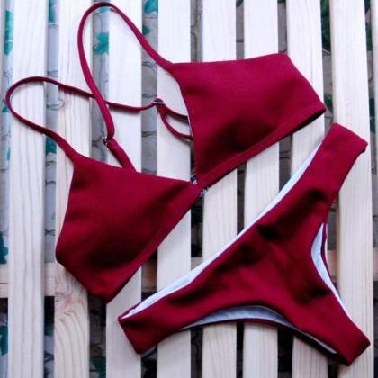 Pure Red Color Back Cross Straps Two Piece Bikini