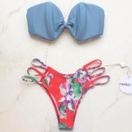 Sexy Woemn Upper Blue Bowknot Strapless Bottom Red..