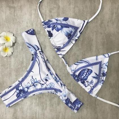 White Blue Floral Print Sexy Two Piece Bikini