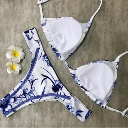 White Blue Floral Print Sexy Two Piece Bikini
