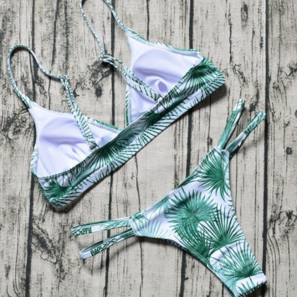 Sexy Seperate Bathing Suits Leaves Prints Splice..