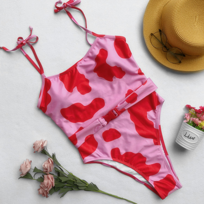 Style Cute Cow Print Swimsuit With Button Bucky