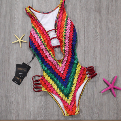 Rainbow Print Candy-colored Open-back Bikini