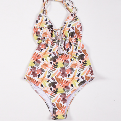 Multi-string Print Halter Bikini For Ladies