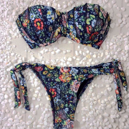 Dark Blue Floral Strapless Back Knot And Bottom..