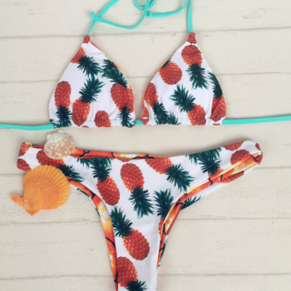 Sexy Pineapple Print Halter Neck Two Piece Bikini..