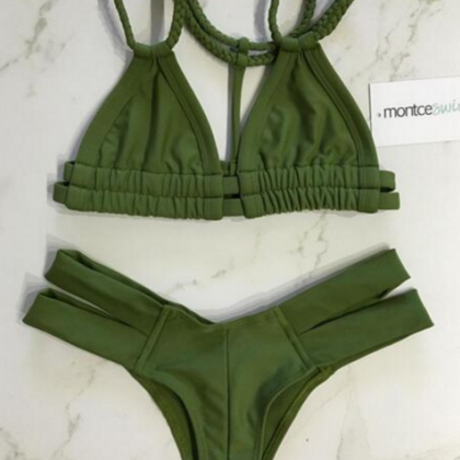 Army Green Color Fashion Braid Back Knot Bikini..