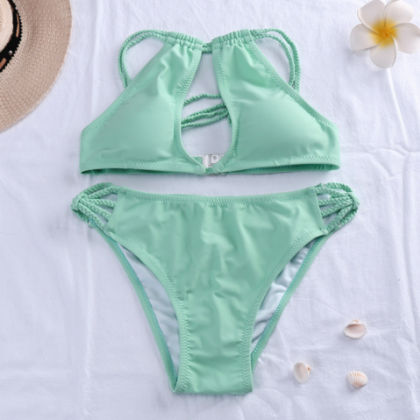Pure Color Green Chest Holes Two Straps Two Piece..