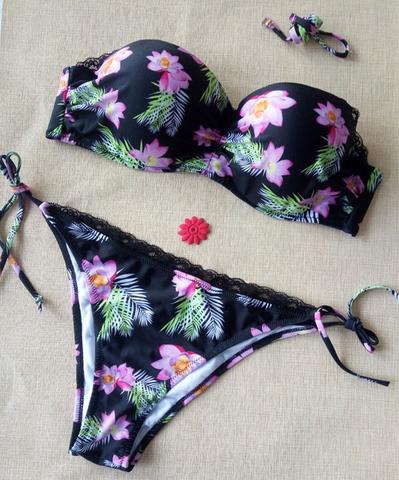 Plus Size Fashion Women Black Floral Print Gather Type Bottom Side Knot Two Piece Bikini Set