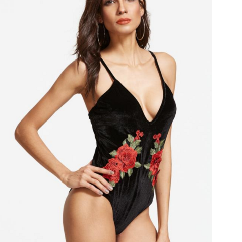 Sexy V Black Rose Embroidery Vest Type One Piece Bikini Show Thin