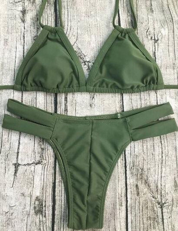 Solid Color Sexy Hollow Out Halter Bikini Swimsuit Swimwear Two Straps