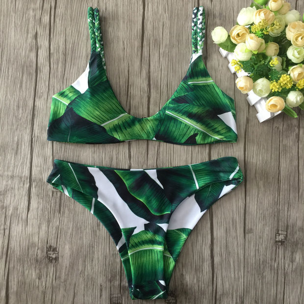 Beach Summer Swimsuit Swimwear Sexy Ladies Leaf Bikini Green Leaf Print Braid Straps