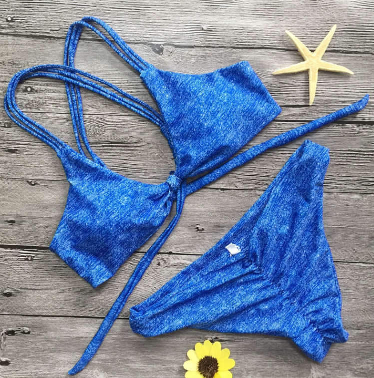 Pure Blue Swimsuit Three Straps Back Cross Two Piece Bikini
