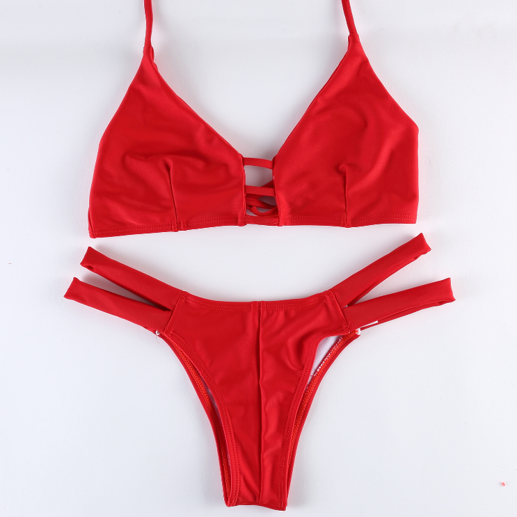 Pure Red Chest Hollow Bottom Side Open Two Piece Bikini