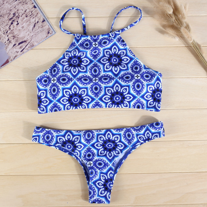 Fashion Blue Print High Neck Two Piece Bikini Set Swimsuit
