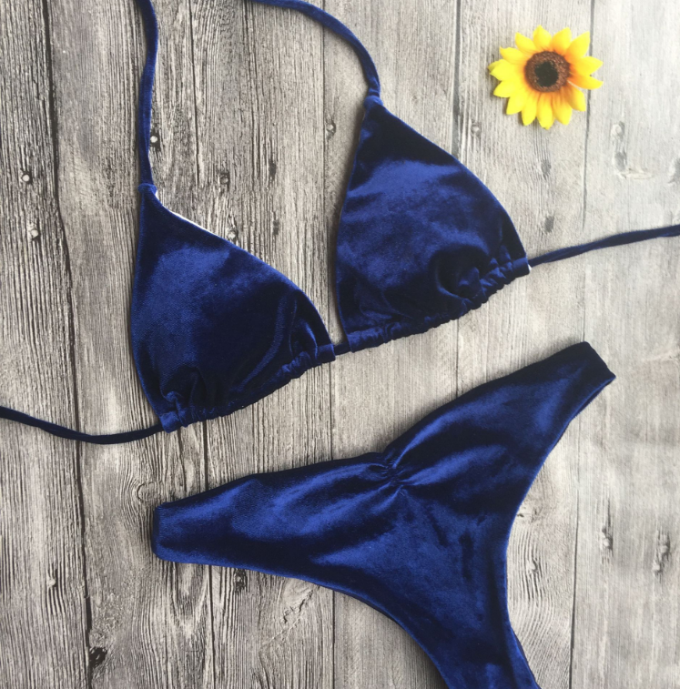 The Sapphire Blue Velvet Halter Bikini Pure Color Two Piece Swimsuit Bathing Suit Set