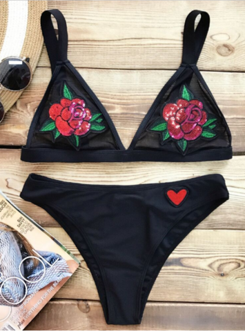 Fashion Black Chest Big Rose Embroidery Three-point Swimsuit Two Piece Bikini
