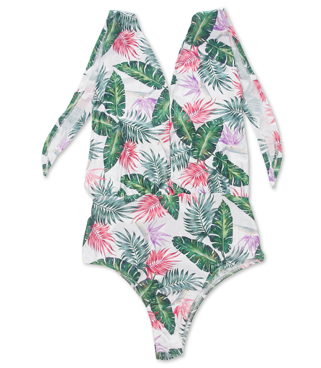 Fresh Deep V Green Leaf Print Halter Bikini One Piece Swimwear Show Thin
